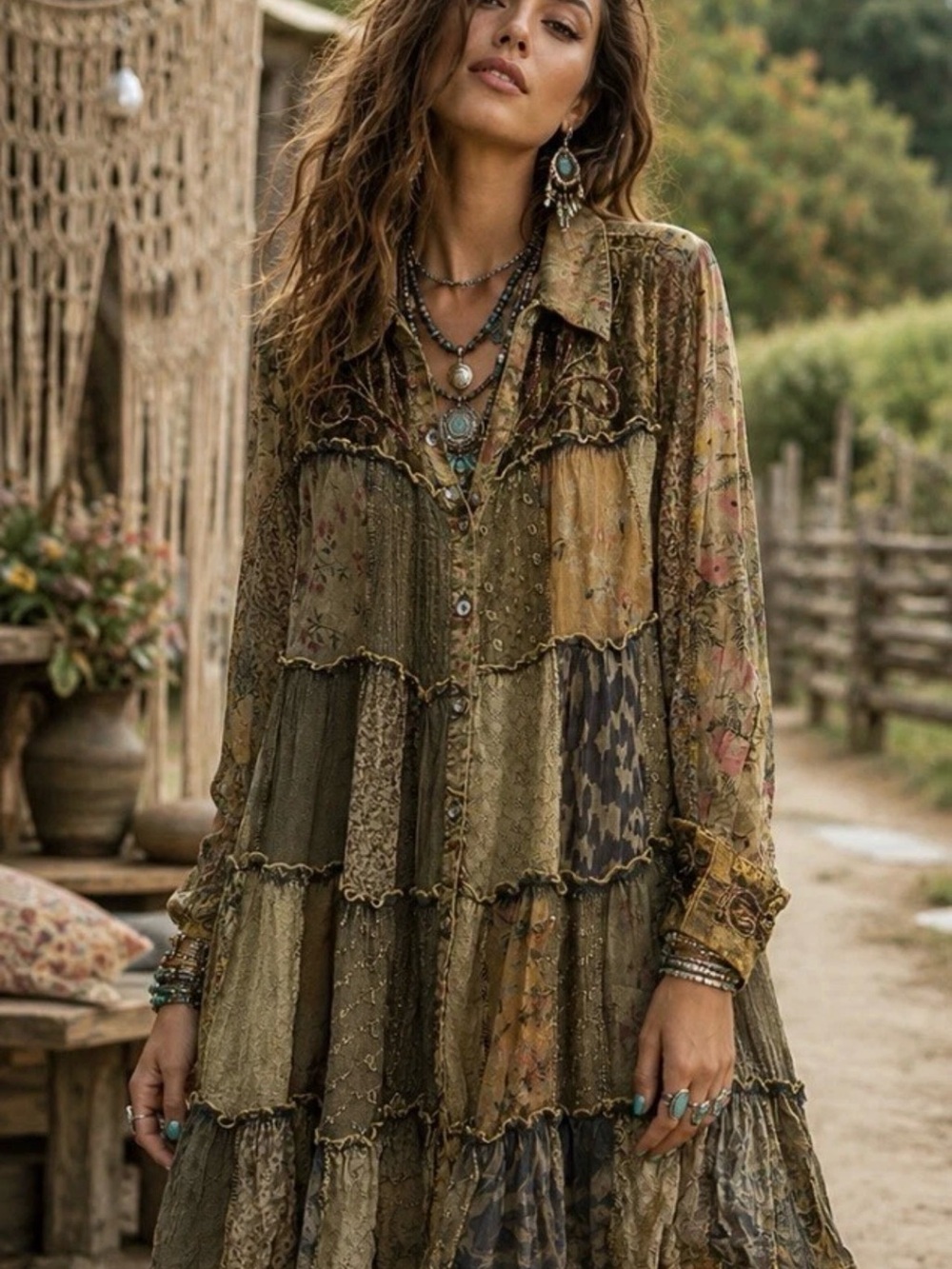 H076 NWT Young Threads L ptp21 21 ptp19 Boho Patchwork Mini Dress in Olive Green